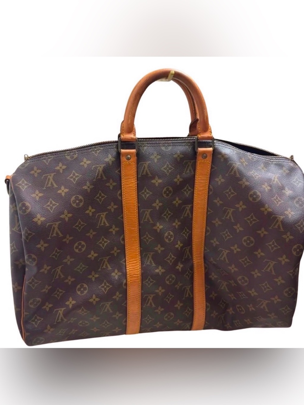 Louis Vuitton Brown Monogram Travel Bag with Tan Leather Handles, keepall 55 .